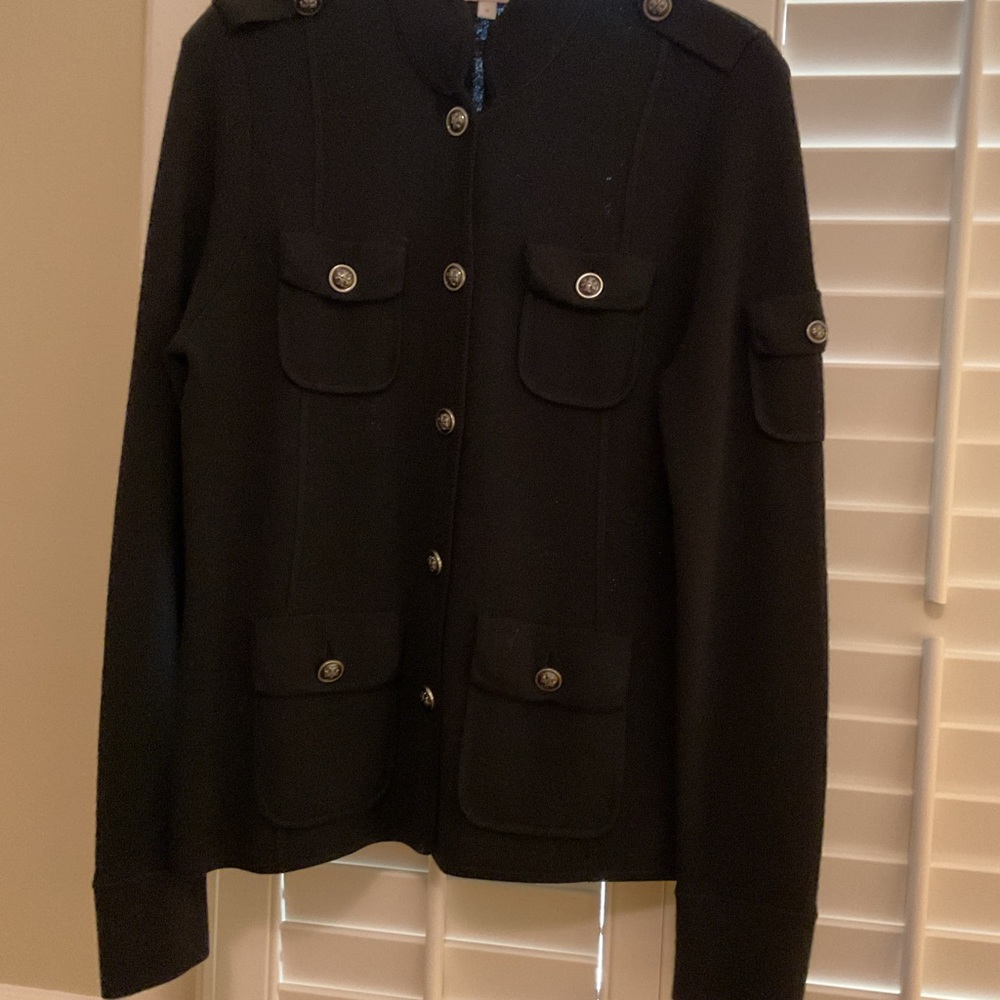 Tory Burch Black Fine Knit Cardigan Size Medium Signature Logo Buttons